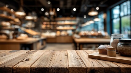 Wooden countertop in a minimalist bakery shop setting with blurred background, ideal for product display and marketing materials with copy space