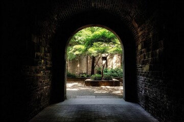 Fototapeta premium Serene Courtyard: Brick Tunnel Archway