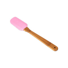 Pink silicon and bamboo wooden spatula isolated over white background
