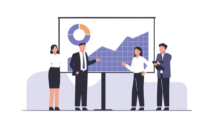 Business presentation with colleagues discussing charts and graphs on a whiteboard in the office space