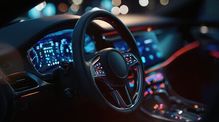 Futuristic car interior with digital dashboard and illuminated steering wheel