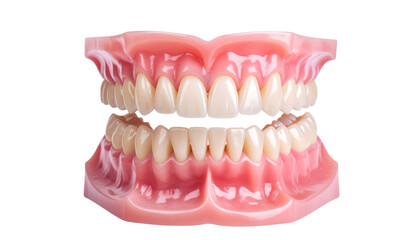 Obraz premium Full Dentures with teeth, gum and bone for preserves isolated on transparent png background, fake teeth in dentistry, medicine and prosthesis on the transparent background. PNG Format