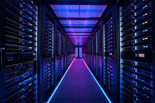 Aisle in a modern data center with rows of glowing blue and purple server racks