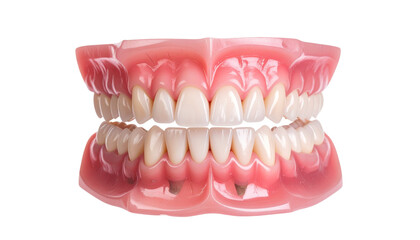 Obraz premium Full Dentures with teeth, gum and bone for preserves isolated on transparent png background, fake teeth in dentistry, medicine and prosthesis on the transparent background. PNG Format