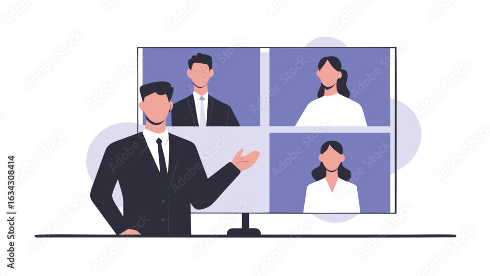 Poster man presenting to team on video call with four participants on a screen in a virtual meeting room
