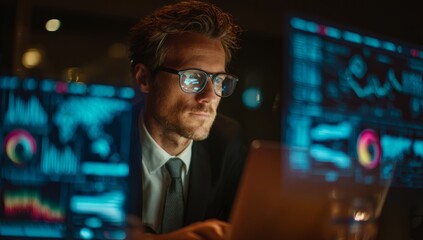 Businessman Analyzing Data on Laptop in Dark Office with Multiple Computer Screens