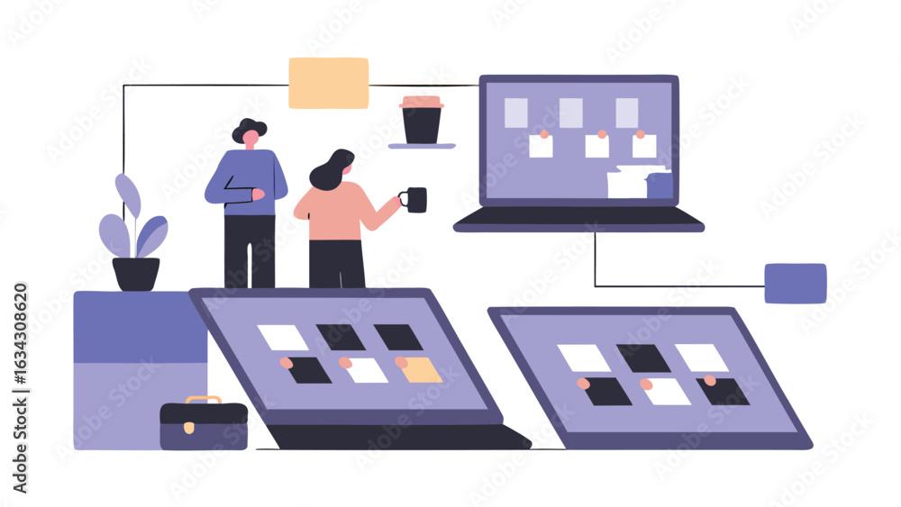 Poster illustration of people working with laptops and tablets in a connected network environment setting