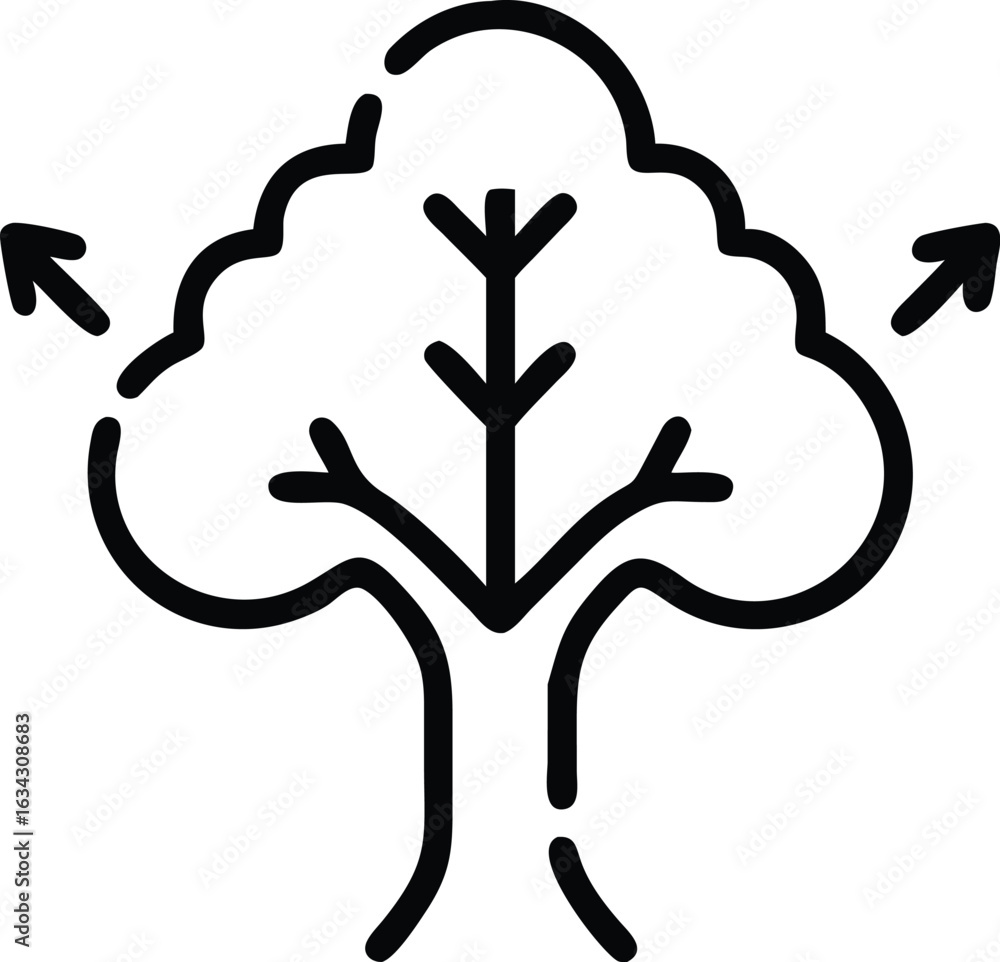 Poster stylized tree with arrows indicating growth and expansion isolated on transparent background