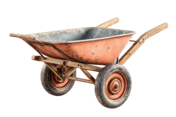 Rusty orange wheelbarrow, aged metal, wooden handles