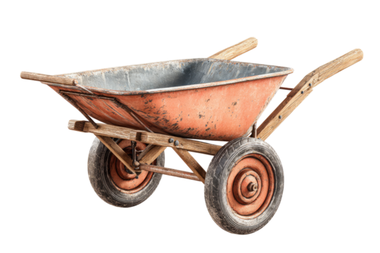 Rusty orange wheelbarrow, aged metal, wooden handles