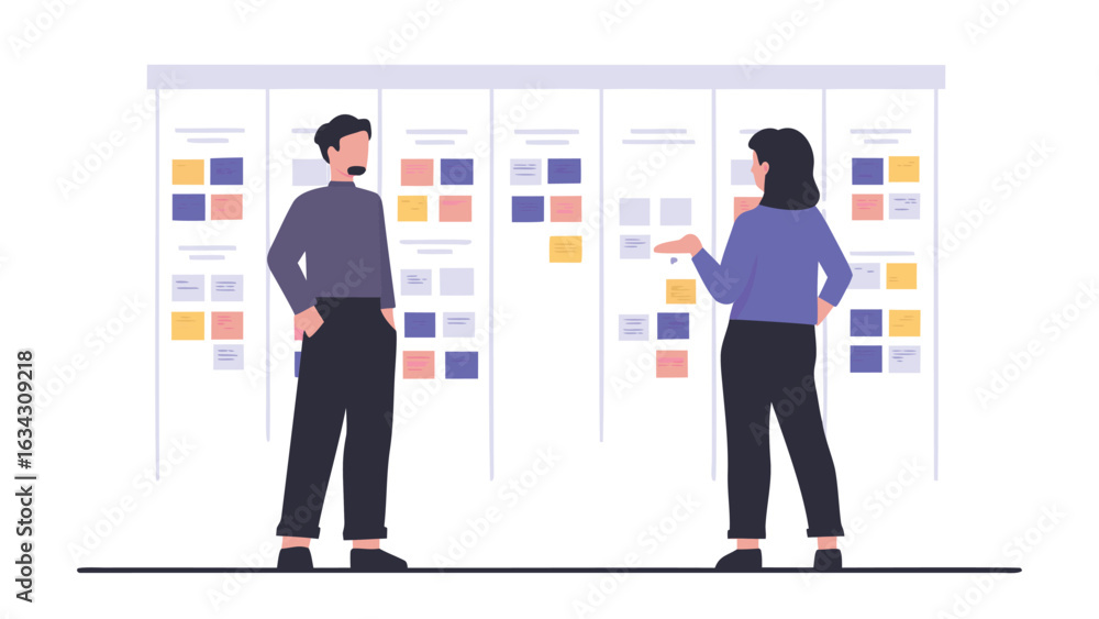 Aufkleber two people discussing tasks on a kanban board with sticky notes in a modern office setting design