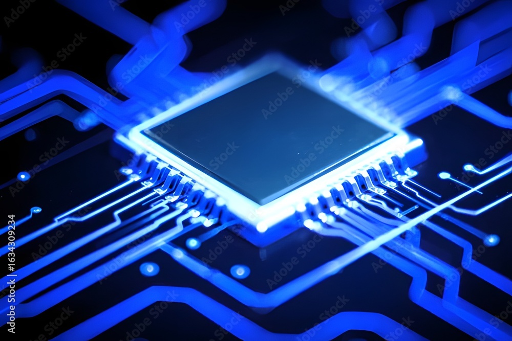 Poster abstract closeup of a glowing blue central processing unit cpu chip on a circuit board, with intrica