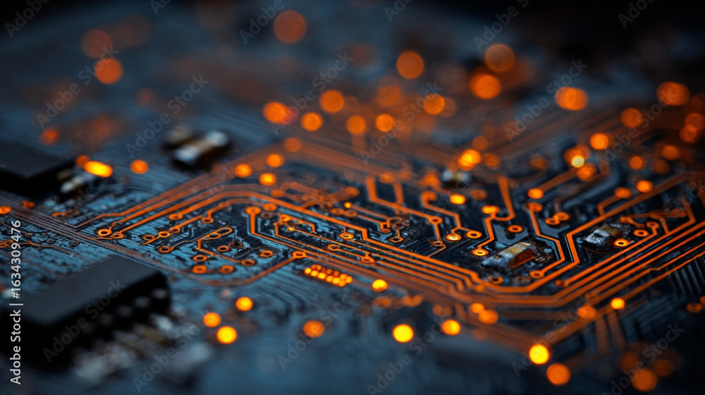 Poster close up view of a circuit board with orange glowing lights and dark components on a dark surface
