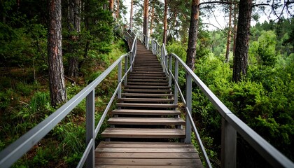 Wooden stairs winding through a forest