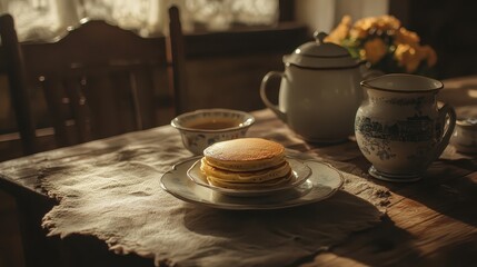 Golden Pancakes on a Rustic Table with Tea and Flowers in Sunlight