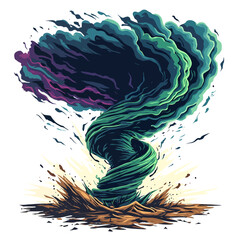 A swirling, vibrant vortex of teal and purple, resembling a stylized tornado, erupts from the earth, creating a dynamic and powerful visual.