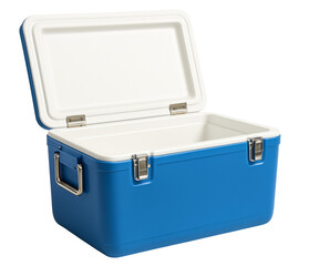 Open blue and white cooler box. Empty portable camping ice chest. Food and beverage insulated box. Picnic and outdoor cooler. Portable refrigeration container.