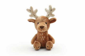 Fototapeta premium Soft brown reindeer plush toy with antlers sitting against a white background showcasing its cute features and friendly expression
