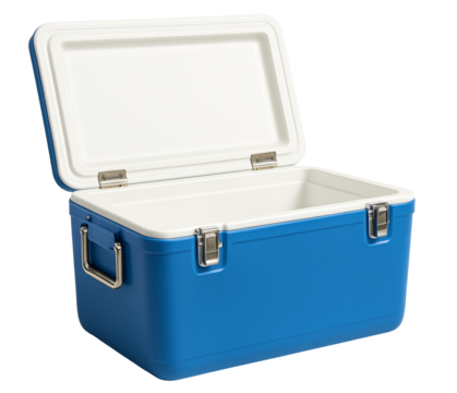 Open blue and white cooler box. Empty portable camping ice chest. Food and beverage insulated box. Picnic and outdoor cooler. Portable refrigeration container.