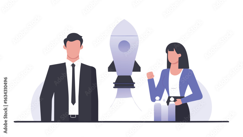 Poster business team launching a rocket representing startup success and innovation in a modern design sett
