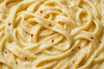 Creamy fettuccine pasta coated in rich cheese sauce with pepper flakes, close up of delicious italian comfort food texture