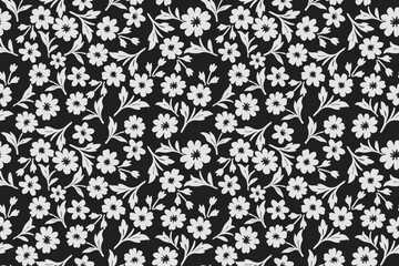 Seamless floral pattern with bold white flowers and elegant leaves on black background. Ideal for fabric, wallpaper, fashion prints, and digital design.
