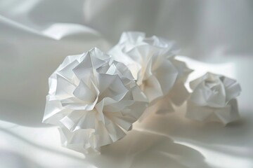 White crumpled paper flowers arranged elegantly on soft white fabric in bright natural light
