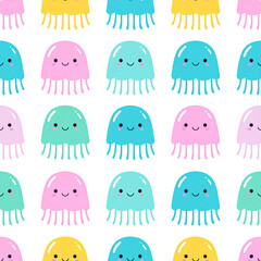 Seamless pattern with funny cartoon jelly fishes like an elephant, pig, bird, bear, rabbit, and dog
