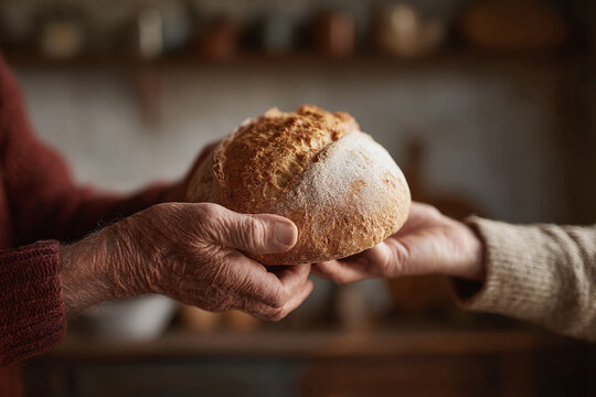 A rustic, golden loaf of bread is passed between two pairs of hands, conveying themes of sharing, tradition, nourishment, and connection. Ideal for food, family, or heritage concepts.