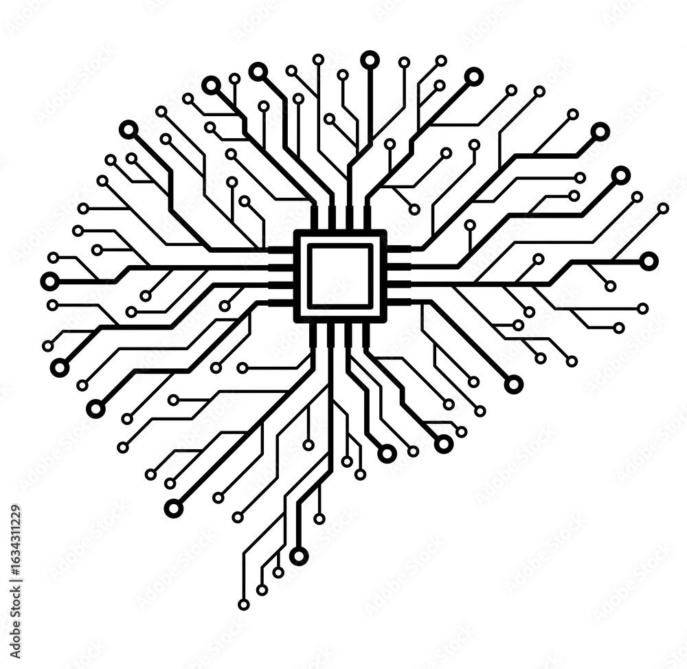 Fototapete a human electronic brain with a processor, stylized as a printed circuit board. the concept of artif