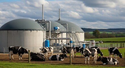 Sustainable Farming: Holstein Cows by a Rural Biogas Plant