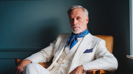 Confident older man in dapper white suit sitting for portrait. stylish, fashion forward gentleman looking serious with an air of sophistication and elegance