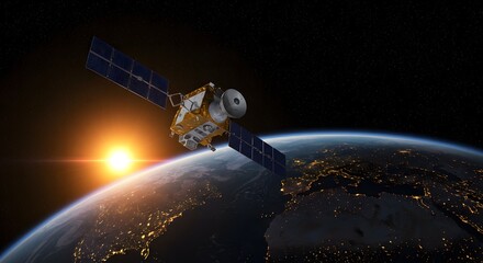 Advanced communication satellite orbits above planet earth with glowing sunrise and city lights below