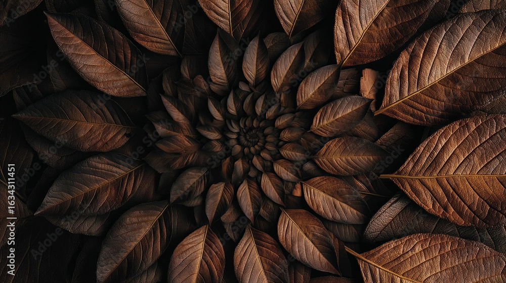 Poster a spiral arrangement of brown leaves creating a mesmerizing and organic pattern from above view