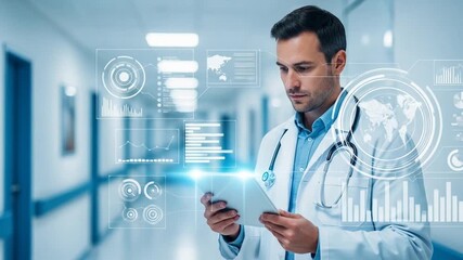 Doctor in white coat uses a tablet in a hospital hallway with digital interface displaying medical data. - Powered by Adobe