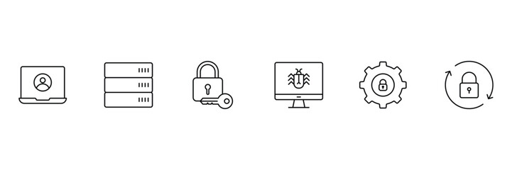 Security icon set. Collection of security icons representing various aspects of online safety and data protection. Editable stroke. Vector illustration.