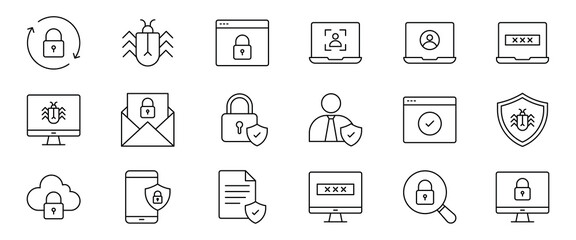 Security icon set. Collection of security icons representing various aspects of online safety and data protection. Editable stroke. Vector illustration.