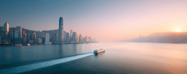 Naklejka premium Serene sunrise over a modern city skyline with a ferry cutting through the water. Evokes travel, business, and opportunity. Ideal for tourism or corporate branding.