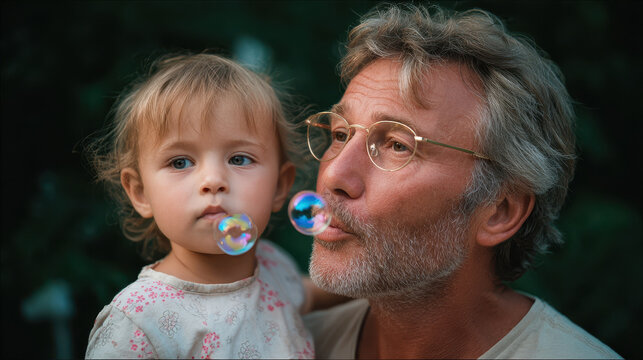 Joyful grandfather blowing soap bubble for his curious granddaughter. tender and loving family moment showing togetherness, care, and simple childhood pleasure outdoors - Powered by Adobe