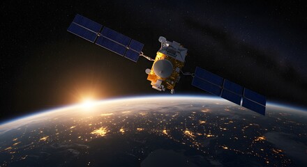 Obraz premium Advanced satellite orbiting earth at sunrise with city lights visible below