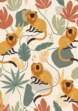 Stylized Golden Lion Tamarin with Leaves &ndash; Seamless Vector Pattern
