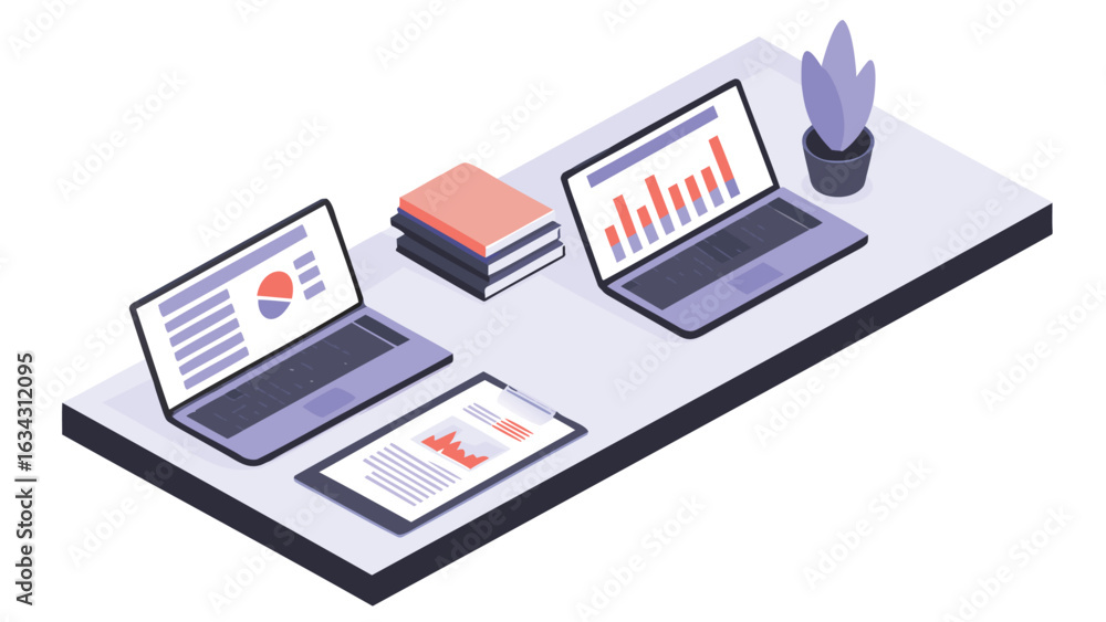 Poster isometric view of a desk with laptops books a tablet and a potted plant showing data analysis