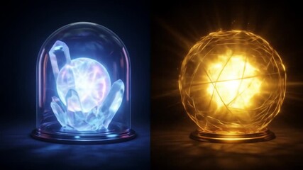 Two glowing orbs encased in glass, one crystal-like and blue, the other golden and energetic, with a dark background - Powered by Adobe