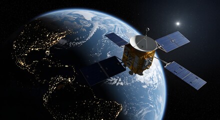 Modern satellite orbiting planet earth with city lights visible on the dark side