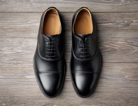 Top-down view of two black dress shoes