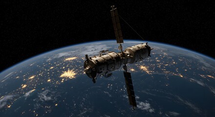 Advanced space station orbiting earth at night with city lights visible below
