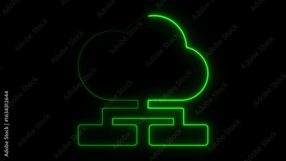 Poster glowing green cloud computing icon animation on black background illustrating data storage and netwo