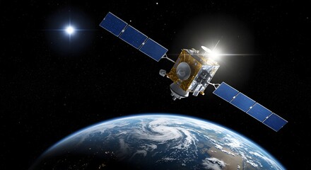 Advanced satellite orbiting earth in deep space with bright star in background
