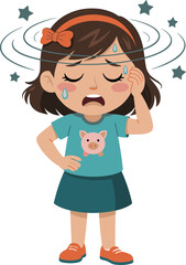 Cartoon girl feeling dizzy and unwell, child suffering headache or vertigo, kids health problem illustration, symptoms of discomfort.