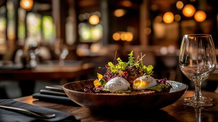 Fototapeta premium Gourmet Breakfast Platter with Eggs and Fresh Greens in Restaurant